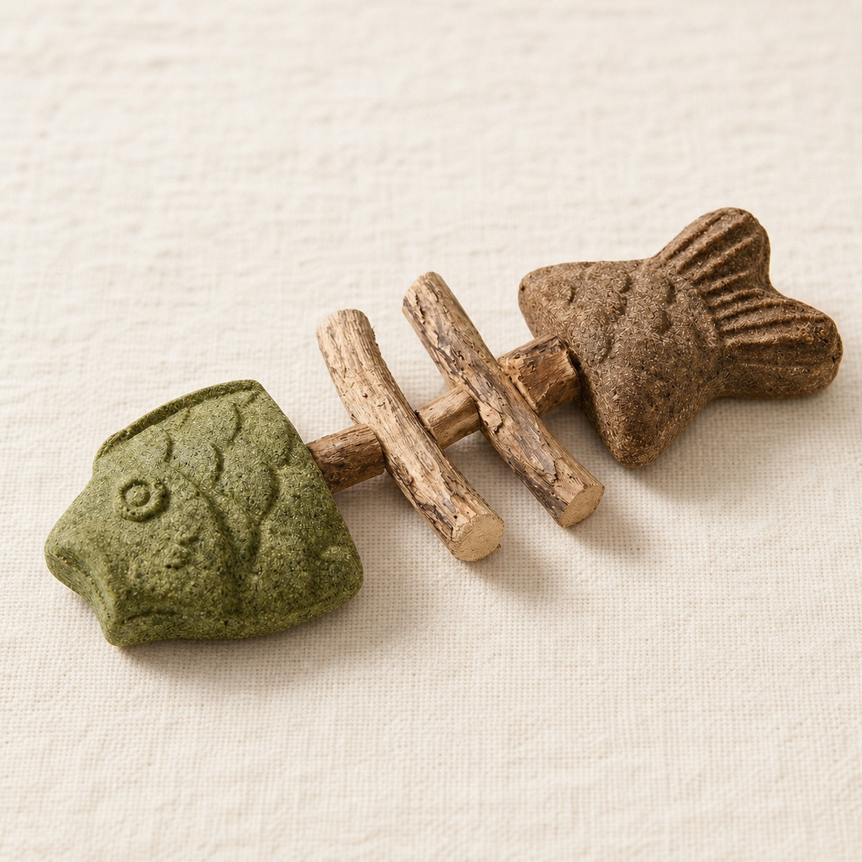 Close-up of PurrBite pressed botanical ends and silvervine wood texture