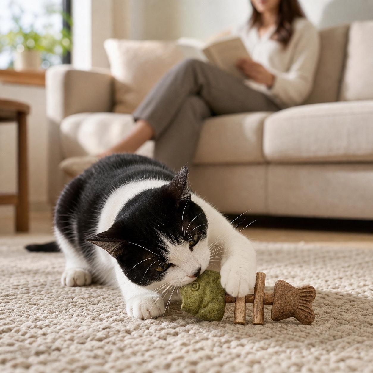 Black and white cat quietly playing with PurrBite in a living room