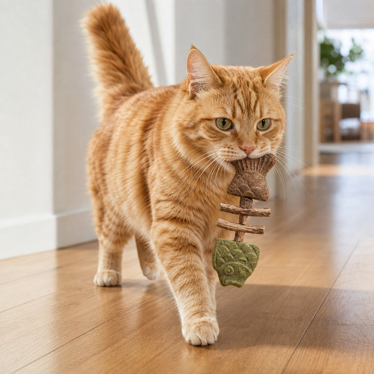 Ginger cat carrying a PurrBite chew toy