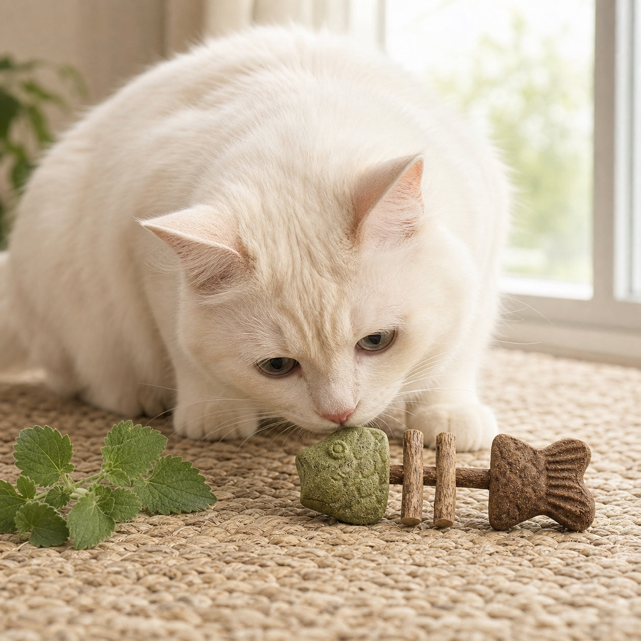 Curious cat sniffing the catnip end of a PurrBite chew