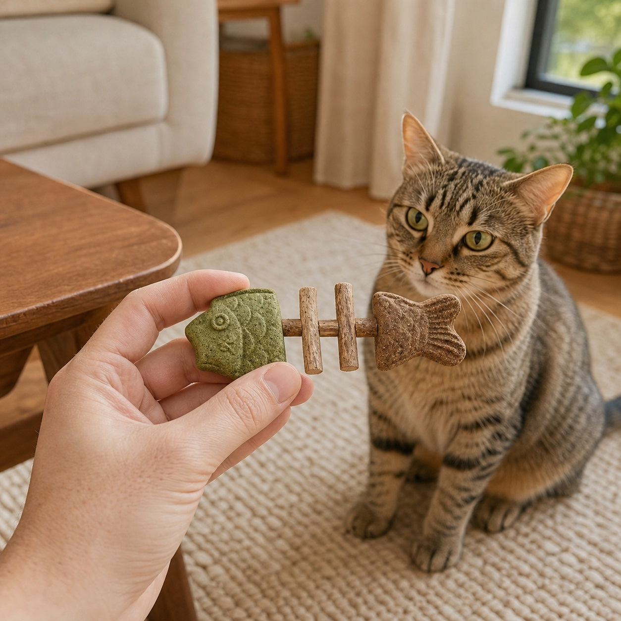 Owner inspecting a PurrBite chew during supervised cat play