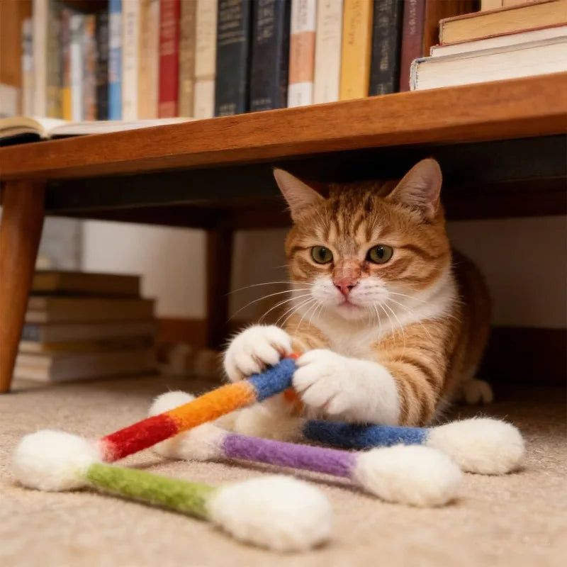 Cat beside colorful PurrSwab kicker toys