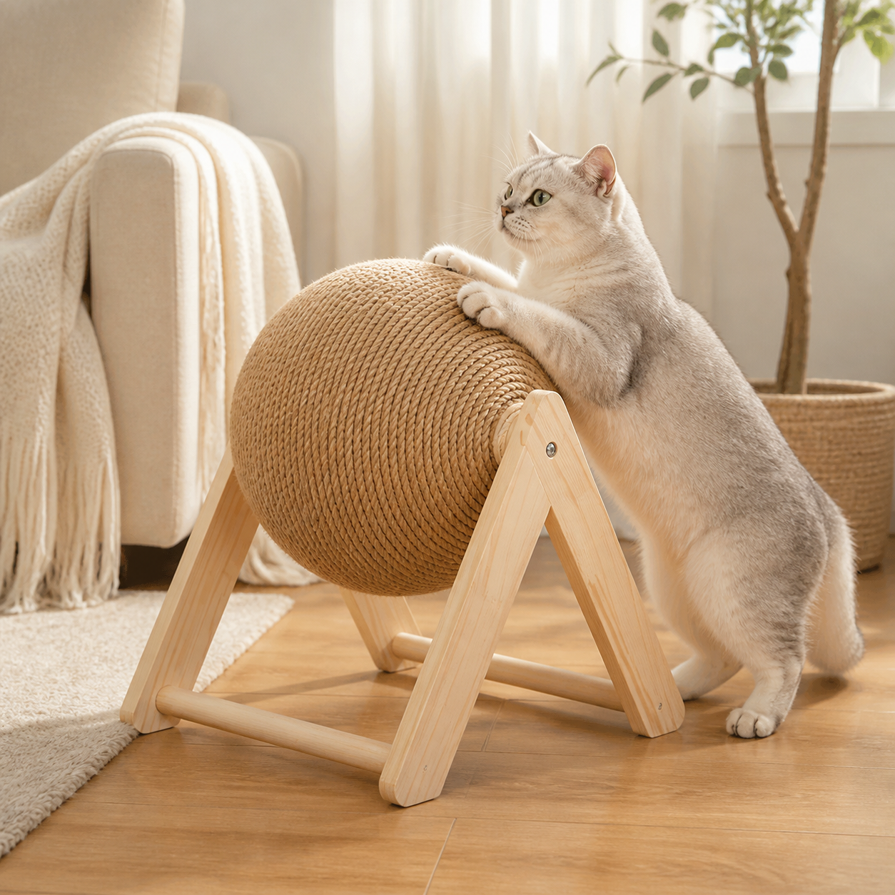 Cat scratching a rotating sisal ball in a wooden frame