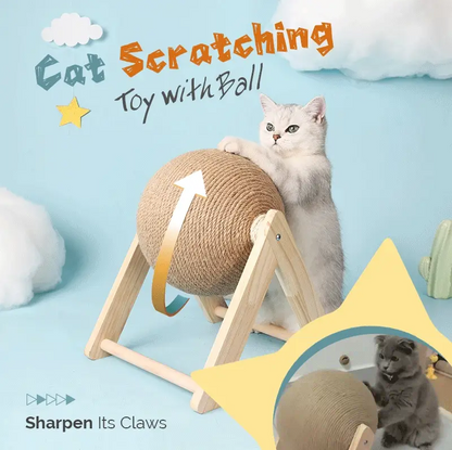Rotating sisal scratch ball shown in upright and low-profile wooden frames