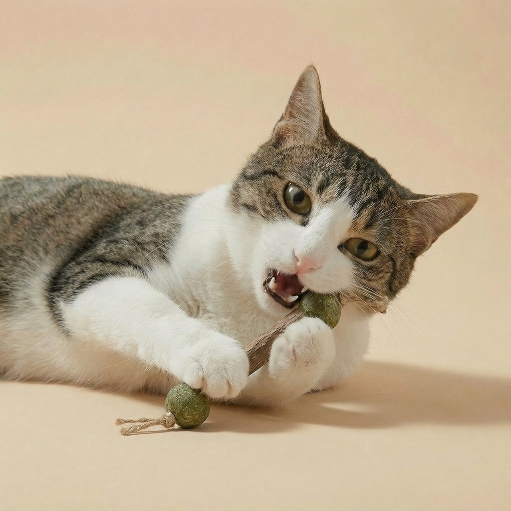 Tabby cat gripping and chewing VineChew