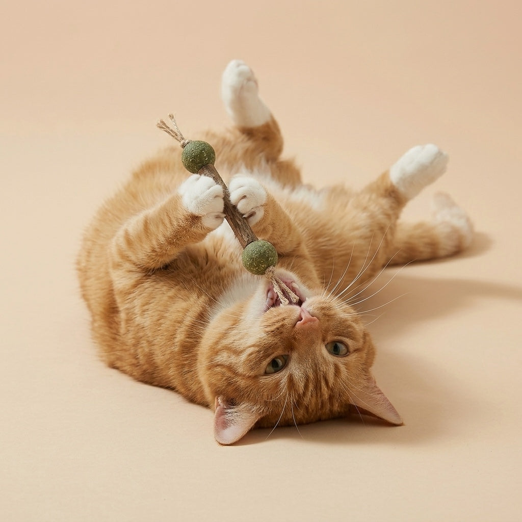 Orange cat playing with VineChew
