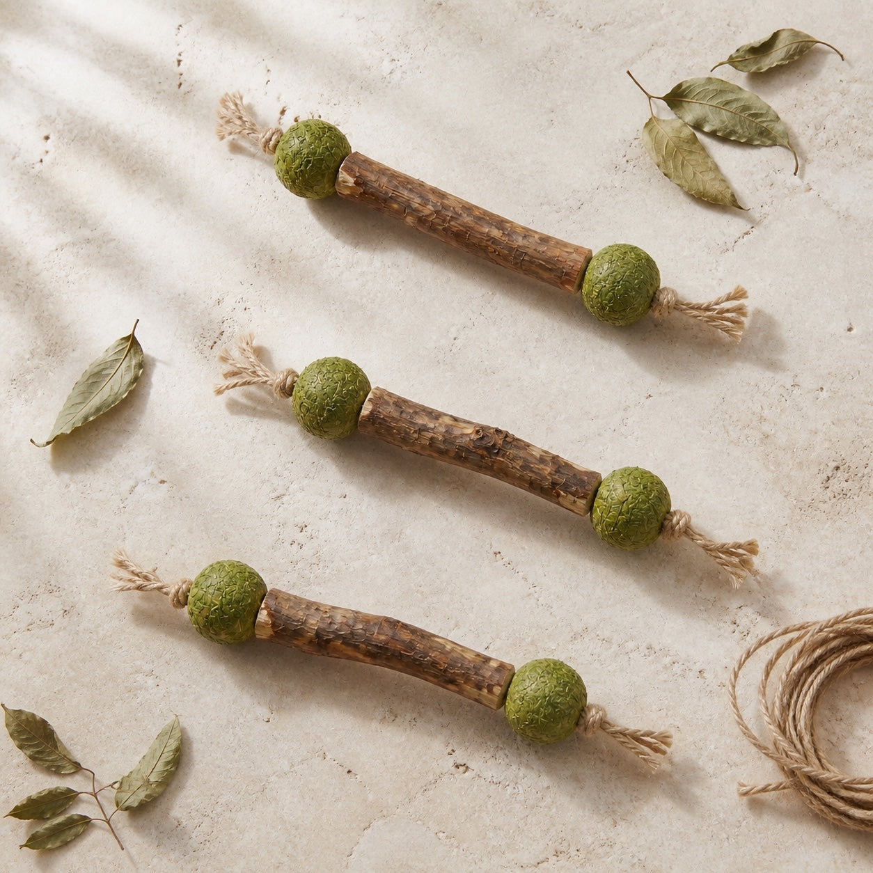 Three VineChew toys arranged with natural materials
