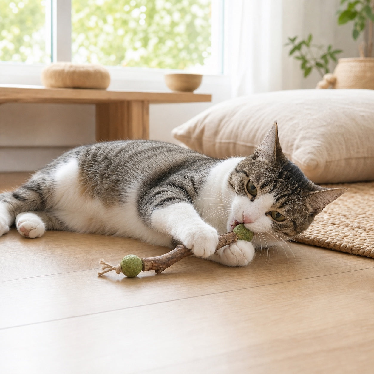 Cat enjoying VineChew in a bright home