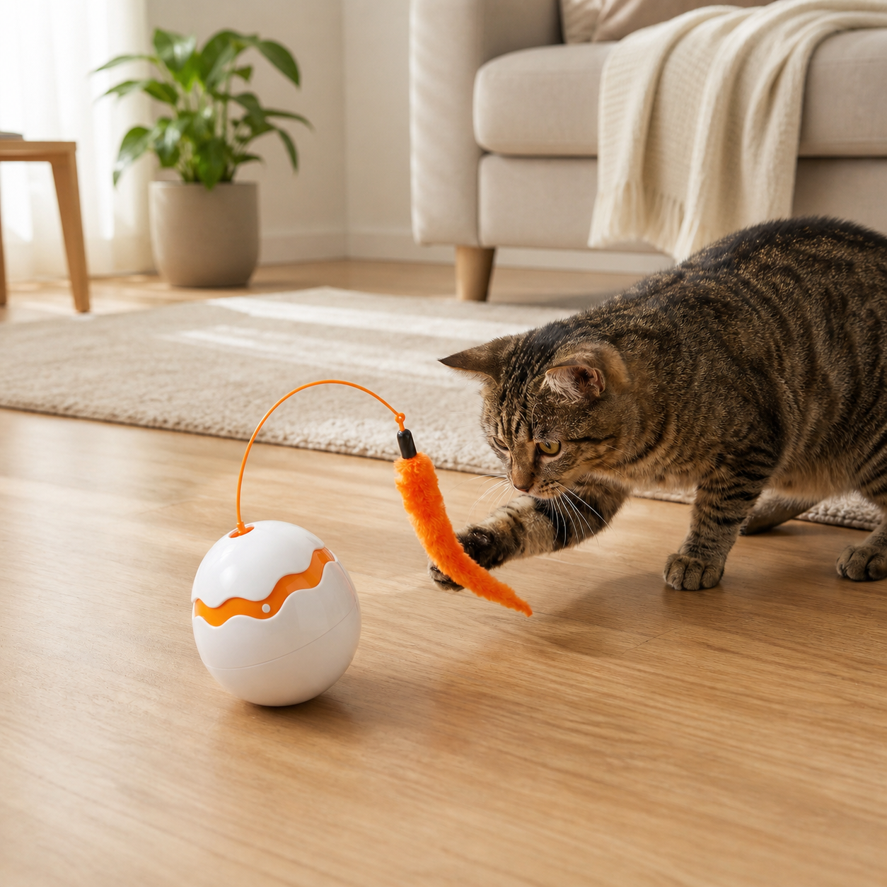 Cat watching an automatic wobble egg toy with an orange lure