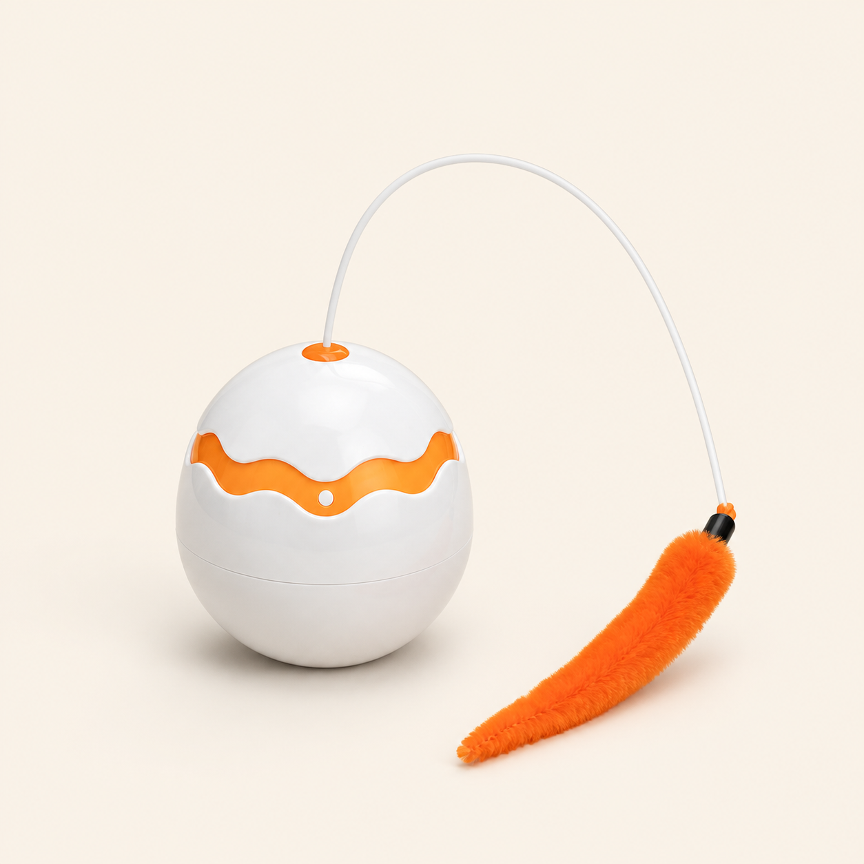 White wobble egg automatic cat toy with a flexible orange lure