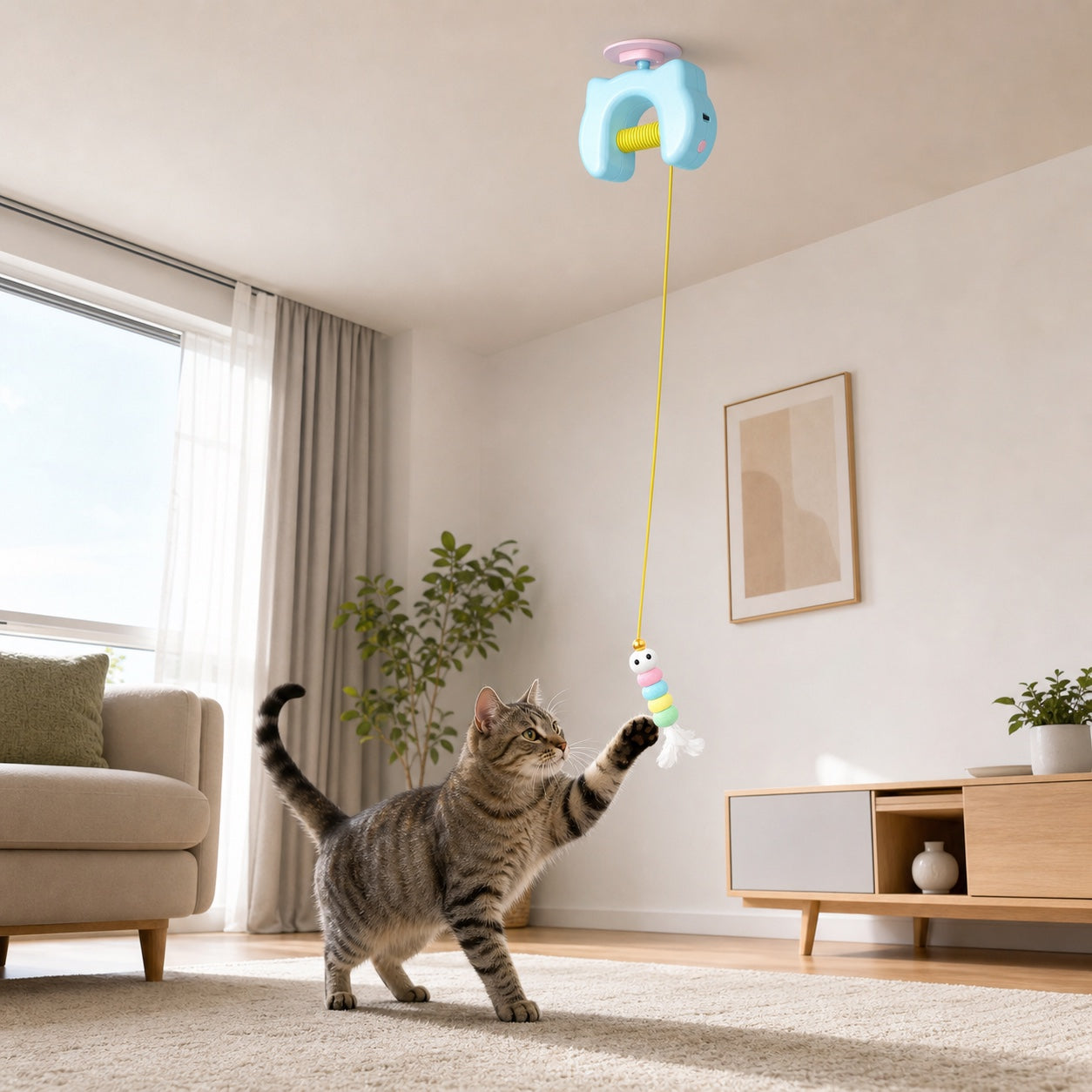 Tabby cat reaching for YoYo Chase in a bright living room